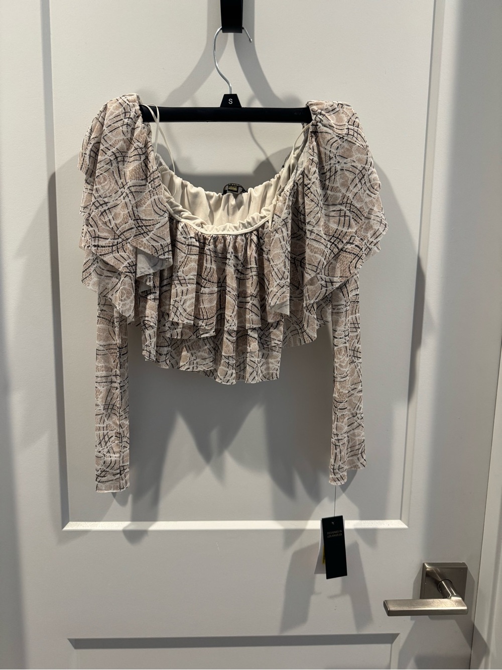 AFRM Ruffled Off-Shoulder Crop Top - Beige Plaid